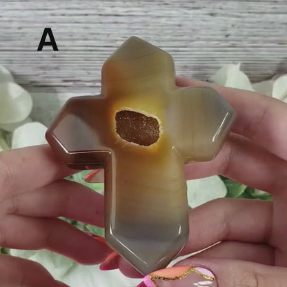 Carnelian Druzy Agate Crystal Cross for Motivation and Emotional Strength