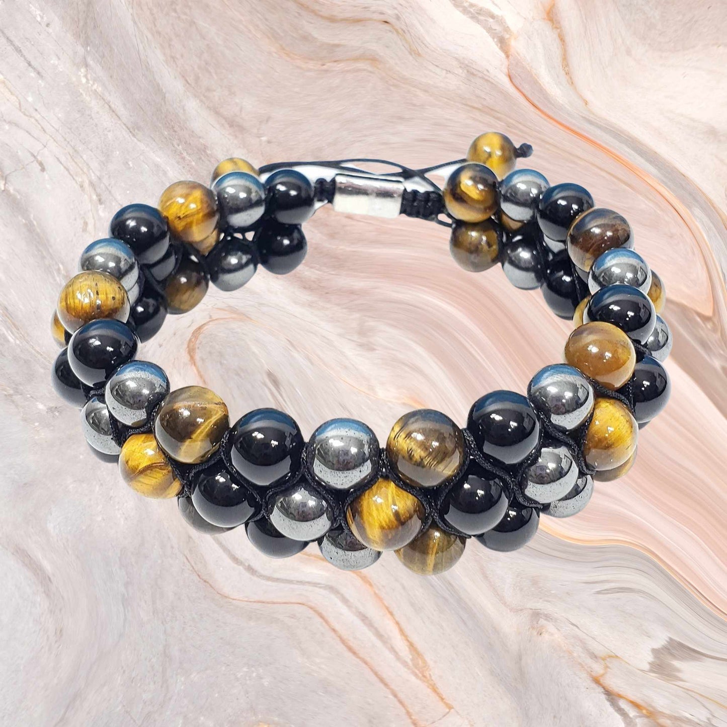 Black Onyx, Hematite and Tiger Eye 3 Strand Adjustable Bracelet