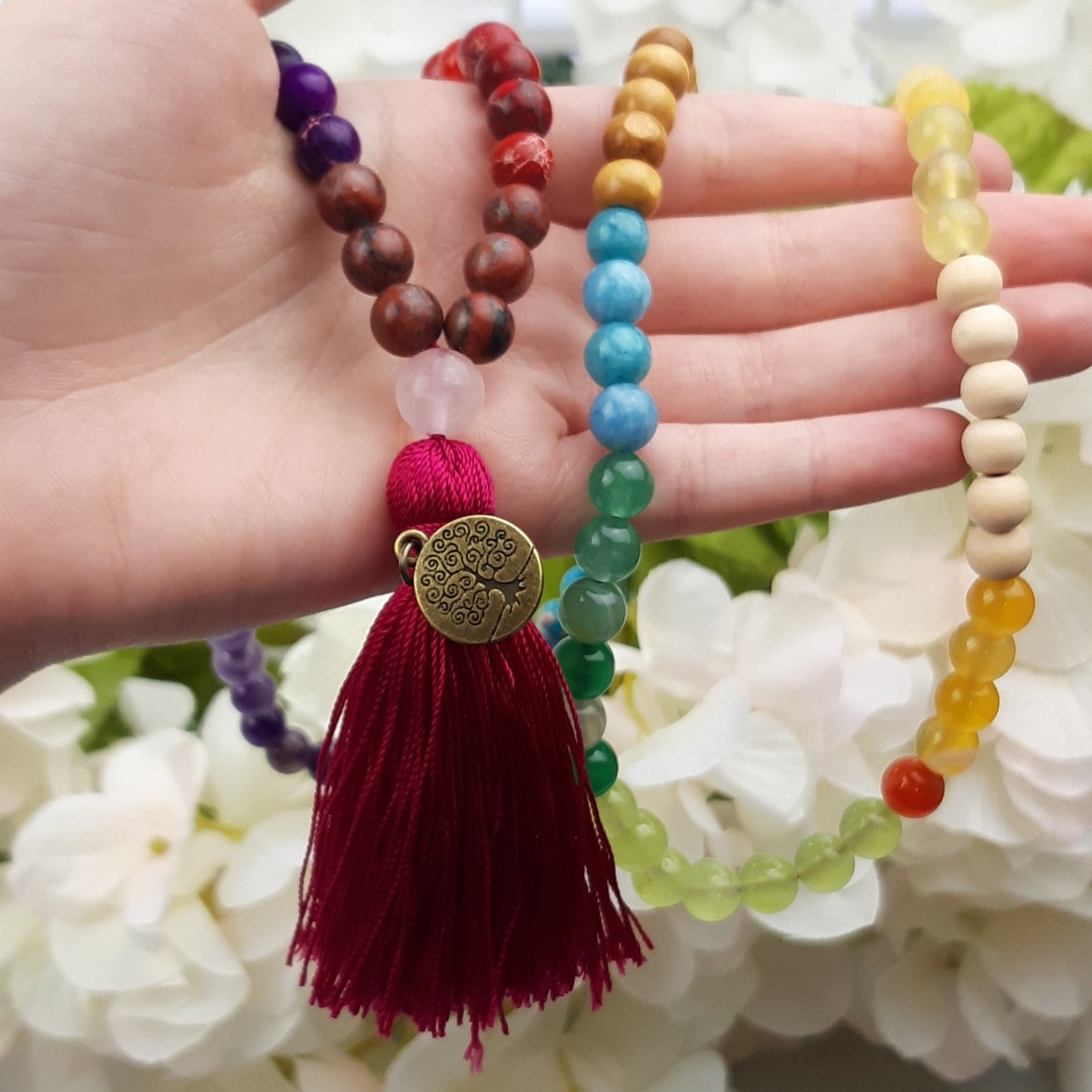 Bright Colored Chakra Mala with Tree of Life Pendant - Crystal Happenings