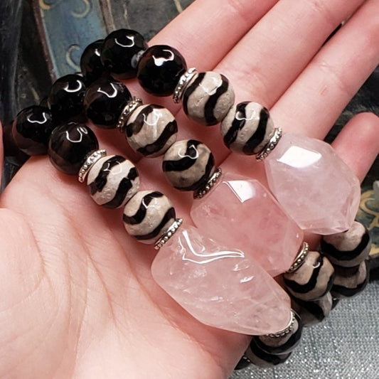 Black Onyx Funky Bracelet with DZI Agate and Rose Quartz - Crystal Happenings