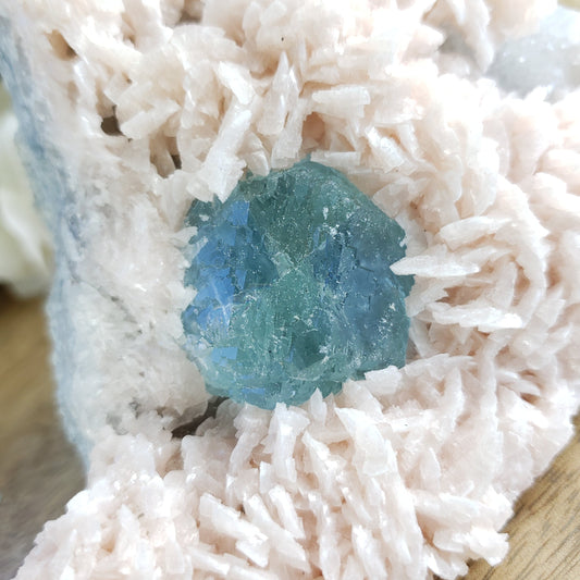 Pink Stilbite Specimen with Blue Fluorite - Crystal Happenings