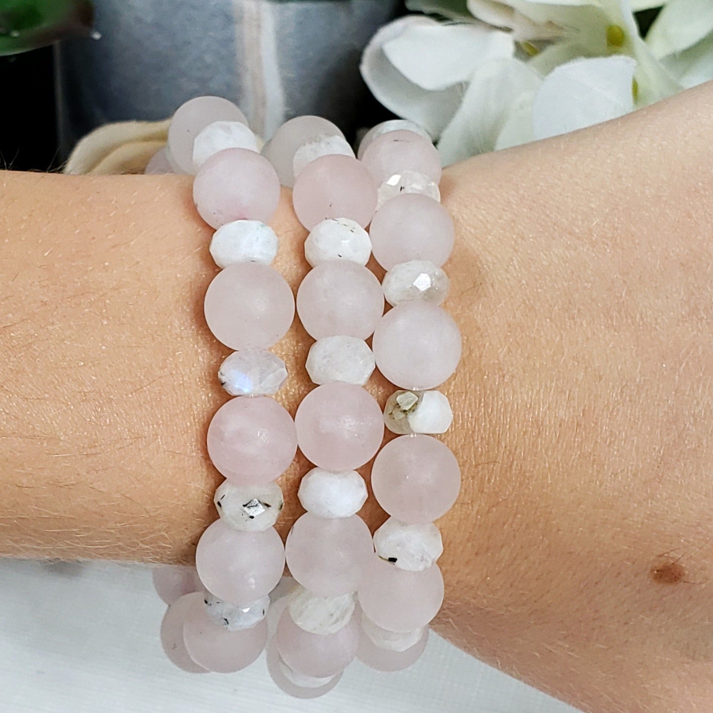 Rose Quartz and Moonstone Bracelet - Crystal Happenings