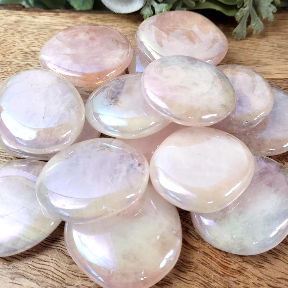 Aura Rose Quartz Smooth Pocket Stone - Crystal Happenings
