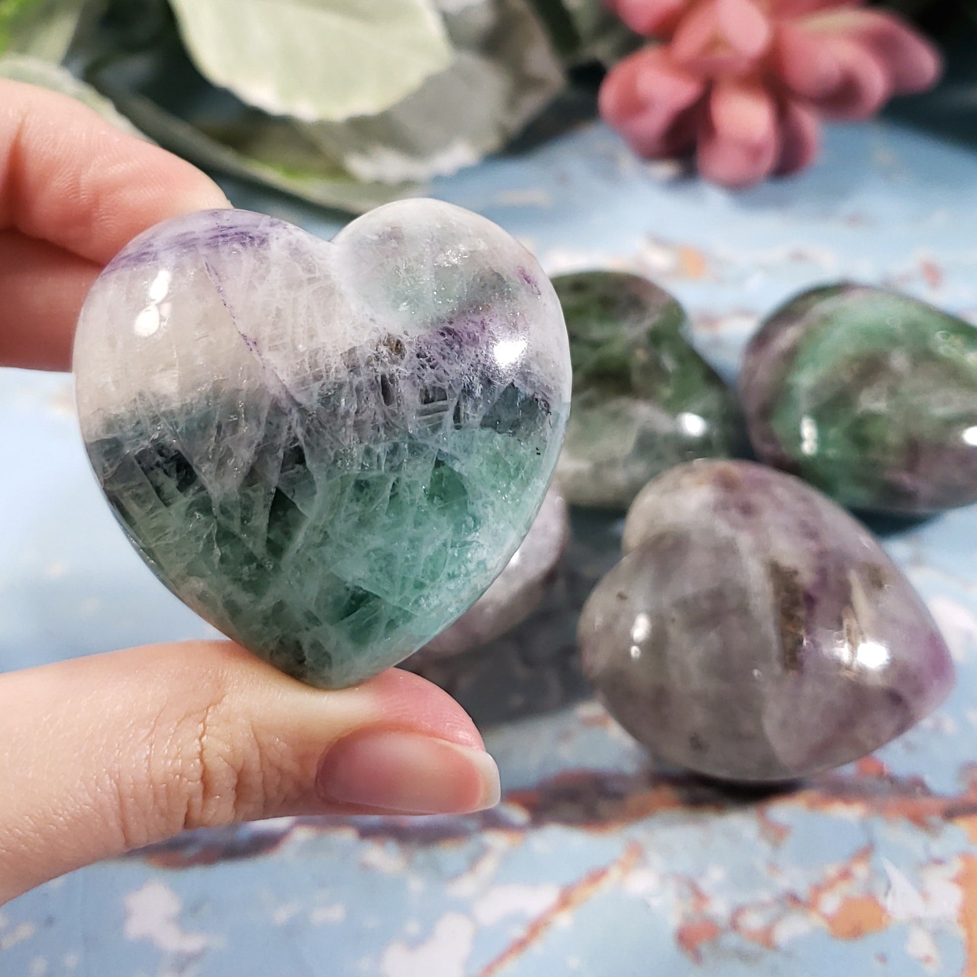 Rainbow Fluorite 45mm Puffed Heart - Crystal Happenings