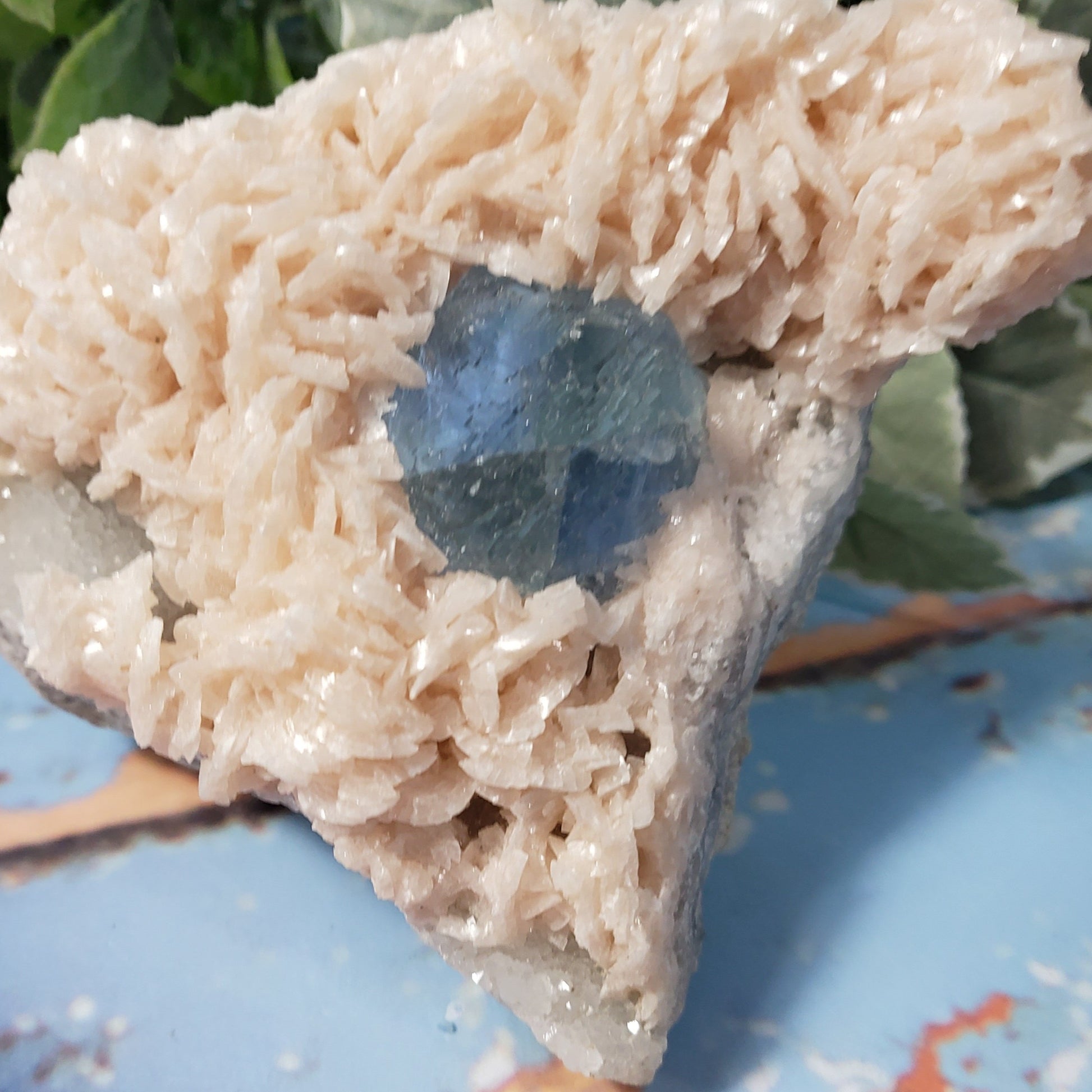 Pink Stilbite Specimen with Blue Fluorite - Crystal Happenings