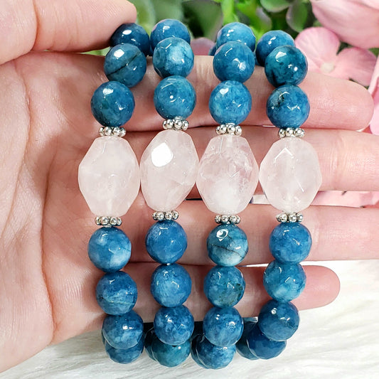 Blue Apatite and Rose Quartz Bracelet - Crystal Happenings