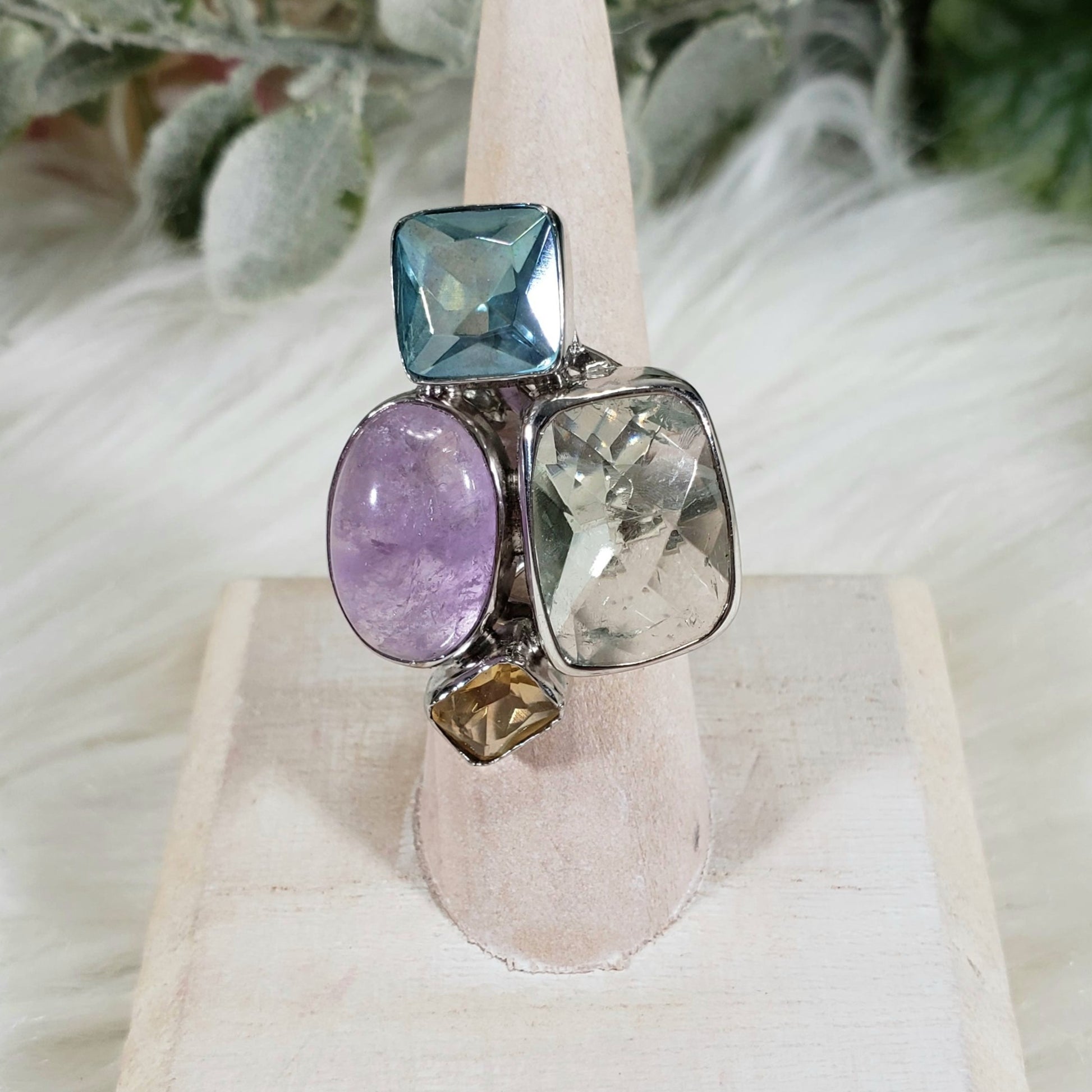 Sterling Silver Mult-Stone Crystal Ring - adjustable - Crystal Happenings