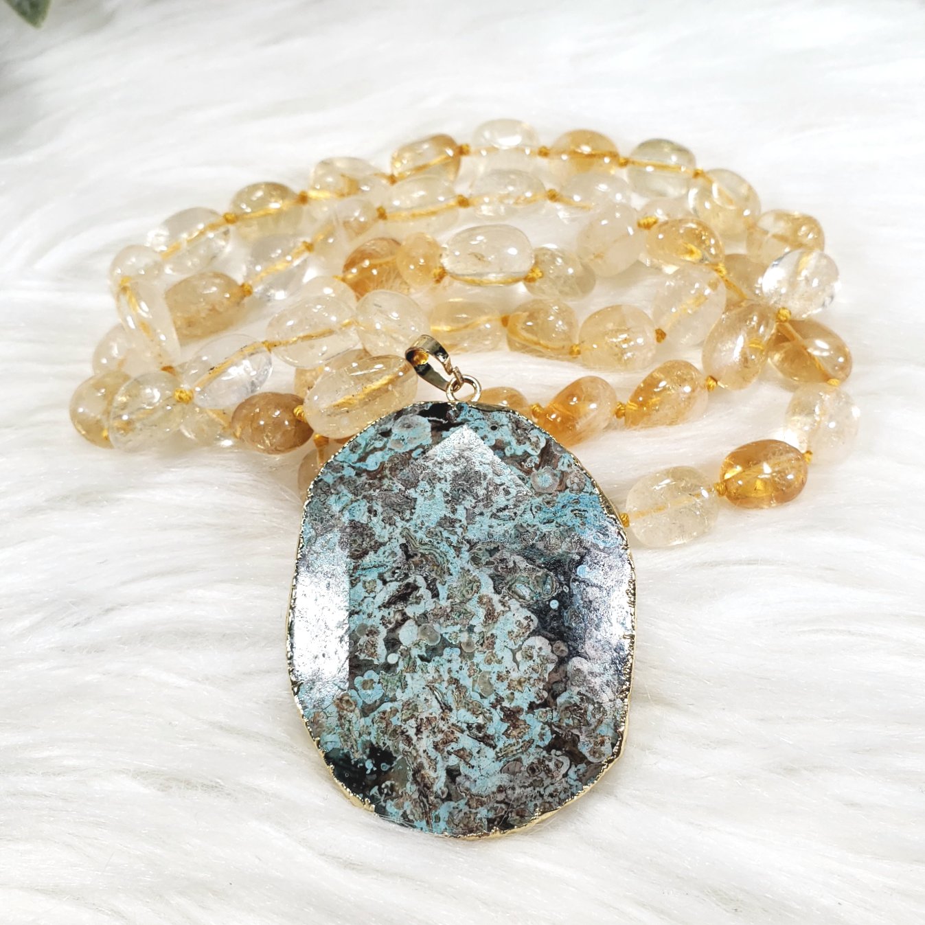 Citrine Nugget Knotted Necklace with a Large Ocean Jasper Pendant - Crystal Happenings