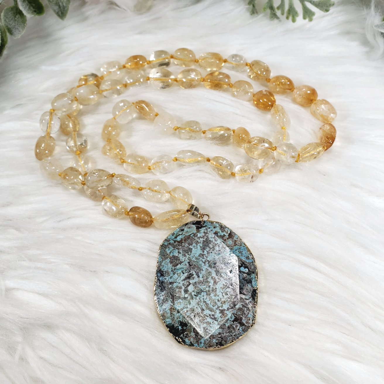 Citrine Nugget Knotted Necklace with a Large Ocean Jasper Pendant - Crystal Happenings