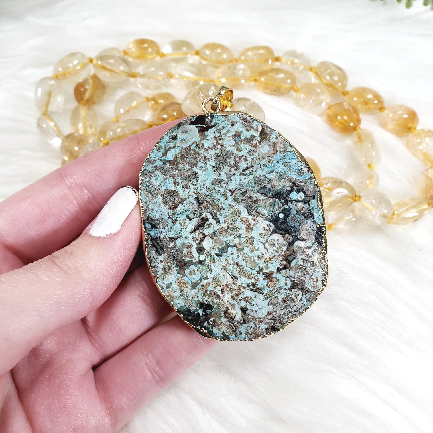 Citrine Nugget Knotted Necklace with a Large Ocean Jasper Pendant - Crystal Happenings