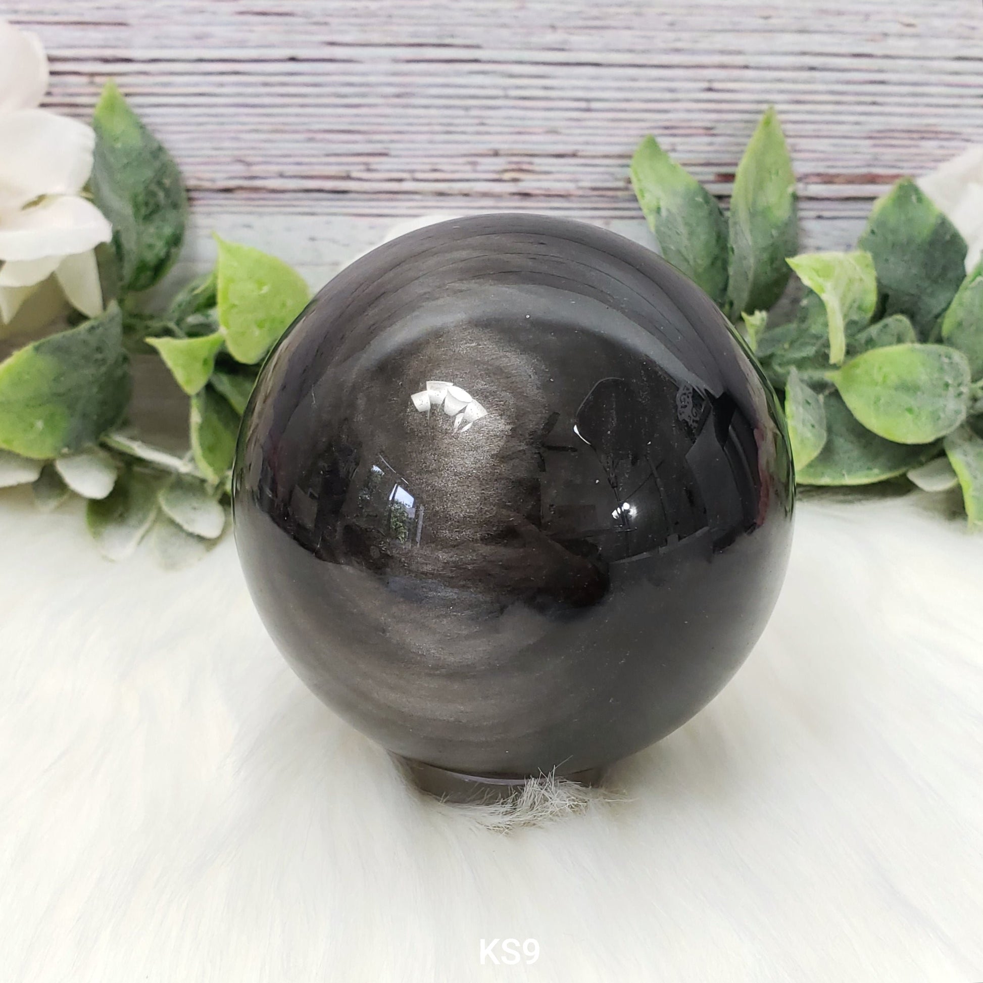 Silver Sheen Obsidian 82mm Sphere KS9 - Crystal Happenings