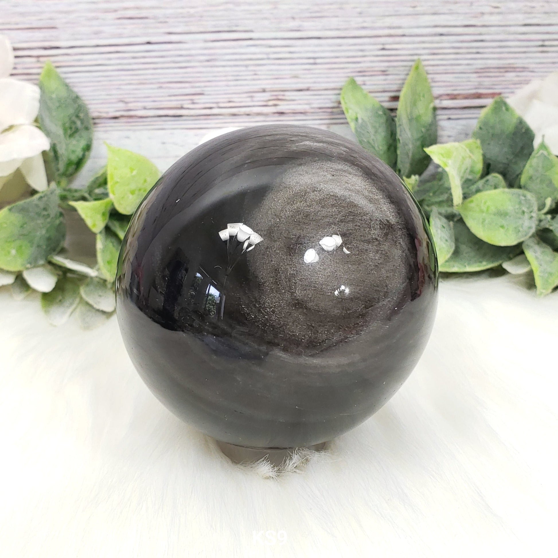 Silver Sheen Obsidian 82mm Sphere KS9 - Crystal Happenings