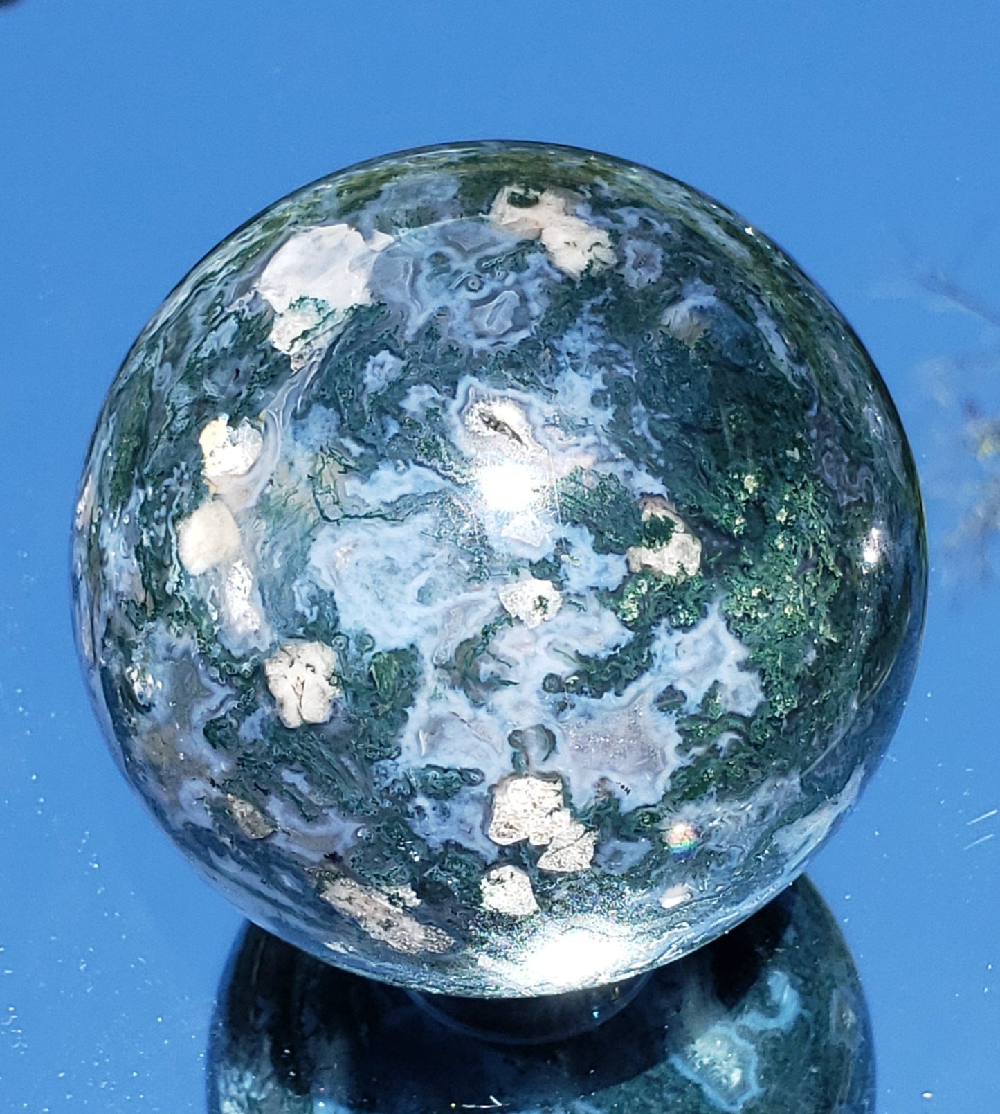 A+ Green Moss Agate 80mm Sphere - Crystal Happenings