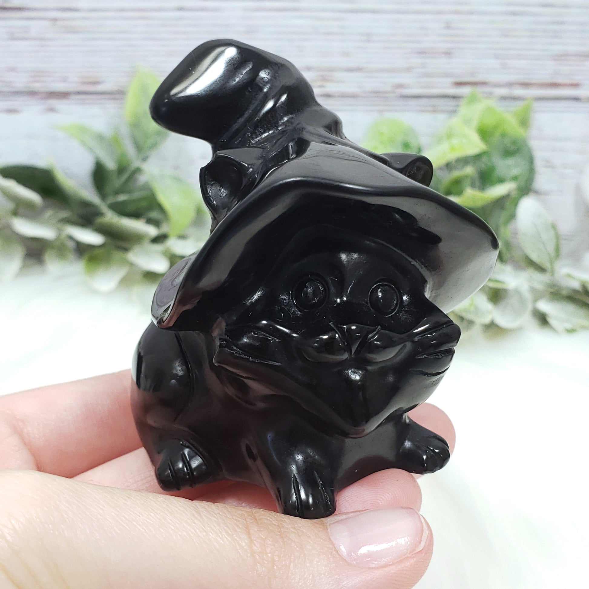 Black Obsidian Cat in Witch Hat - Crystal Happenings
