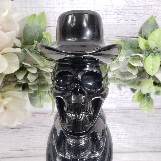 Black Obsidian Skull with Hat - Crystal Happenings