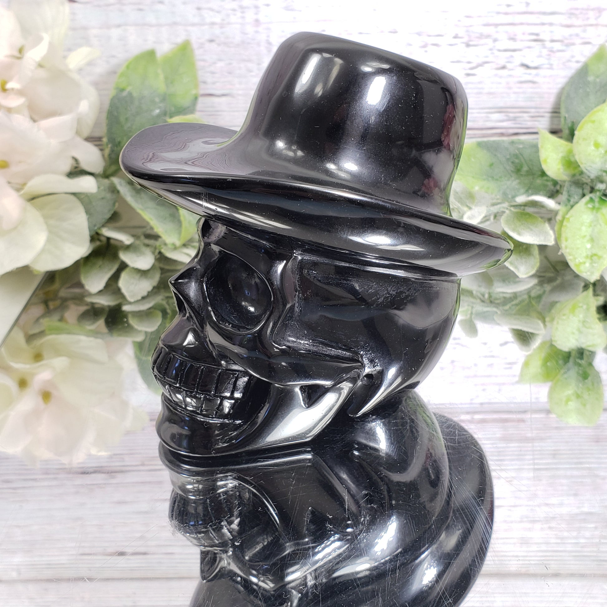 Black Obsidian Skull with Hat - Crystal Happenings