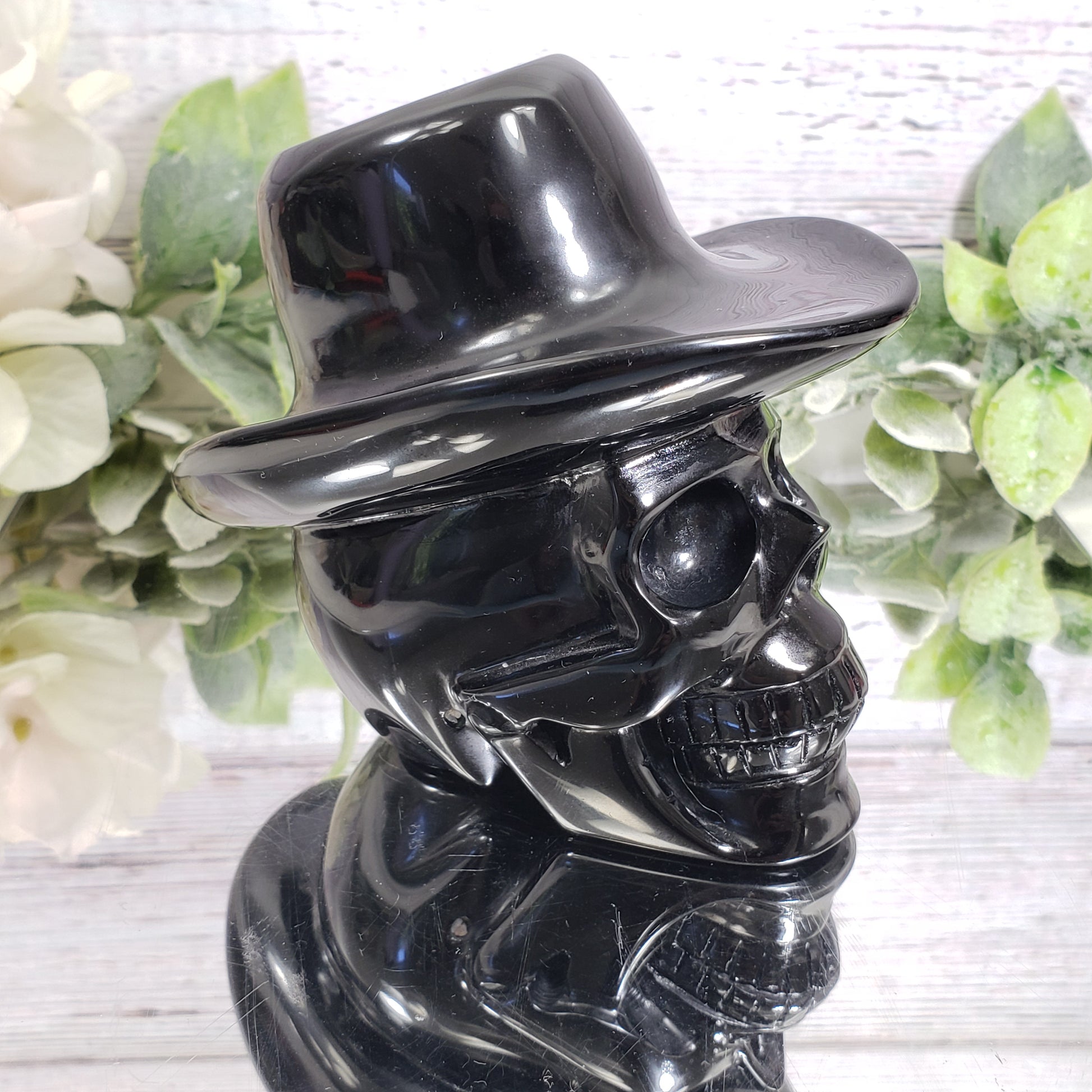 Black Obsidian Skull with Hat - Crystal Happenings