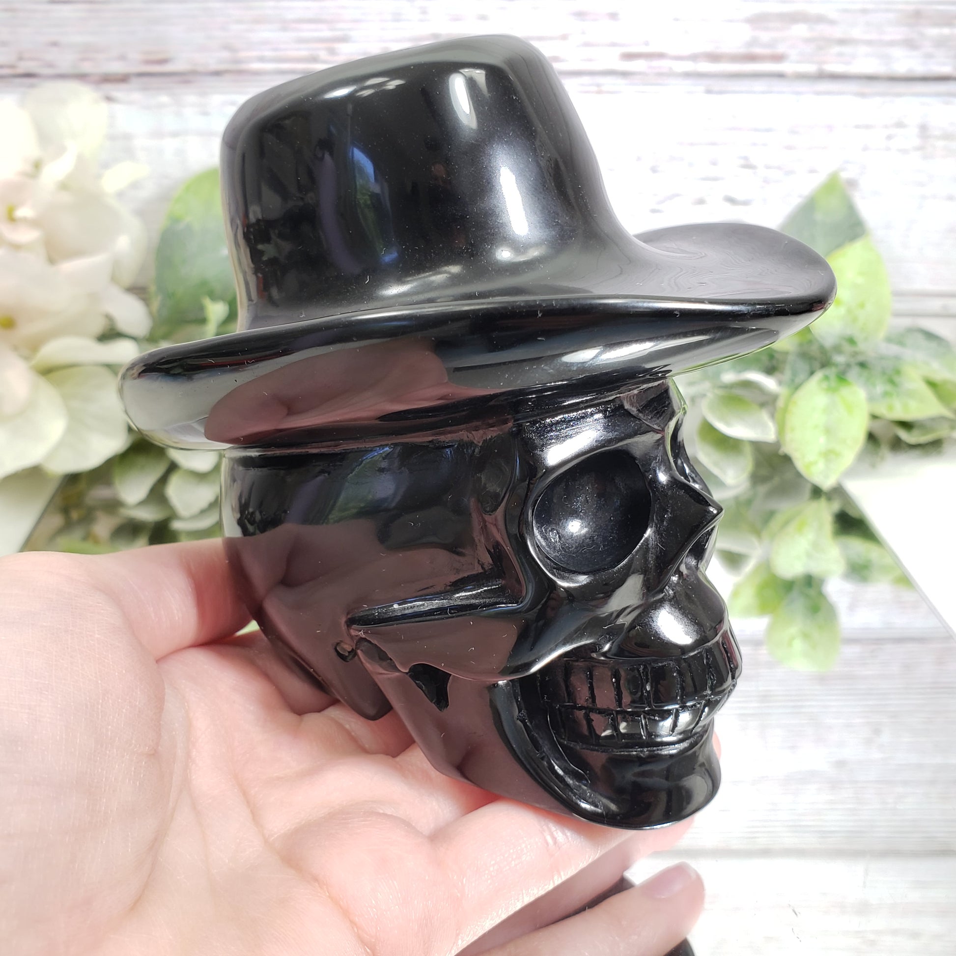 Black Obsidian Skull with Hat - Crystal Happenings
