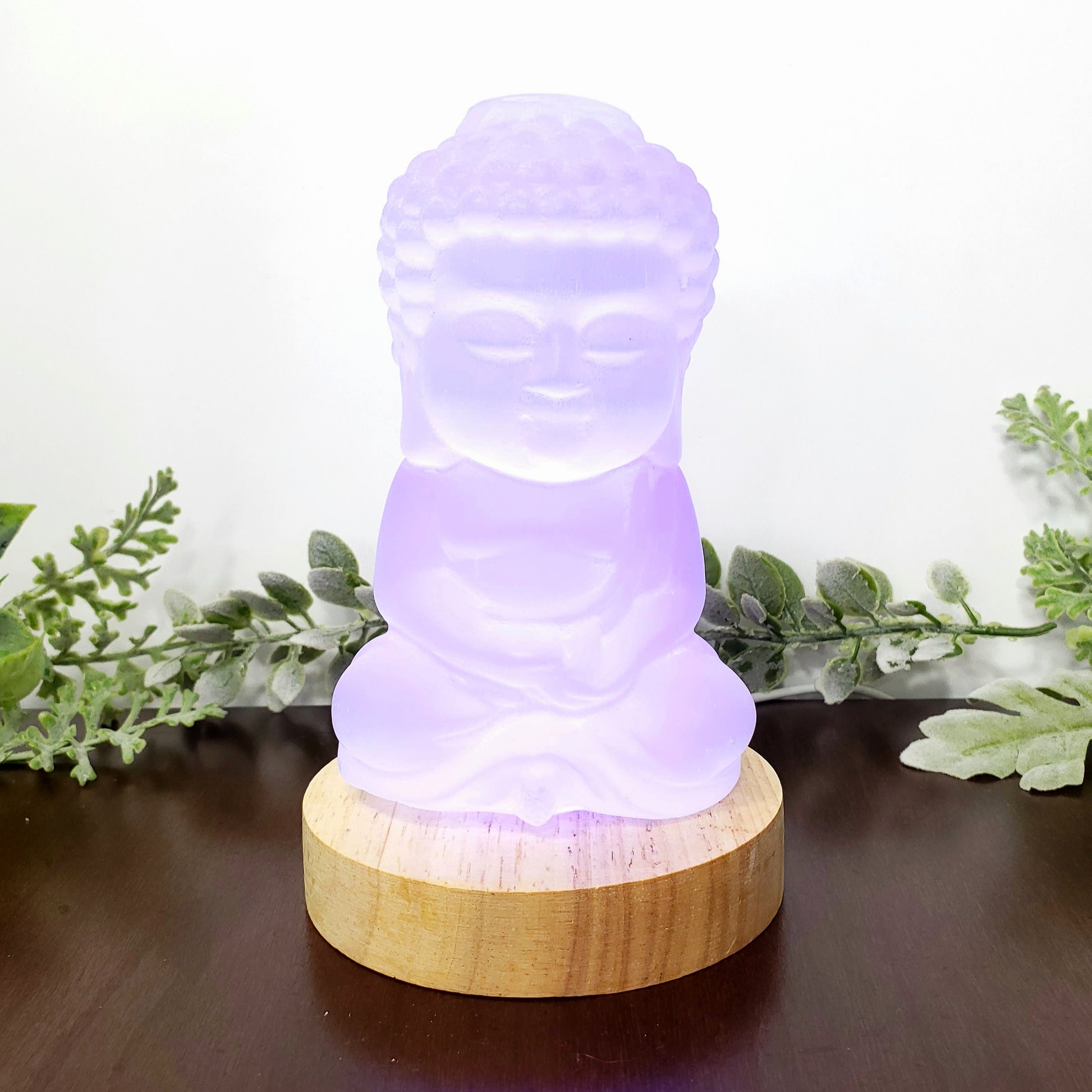 Large Selenite Crystal Buddha on Light Base