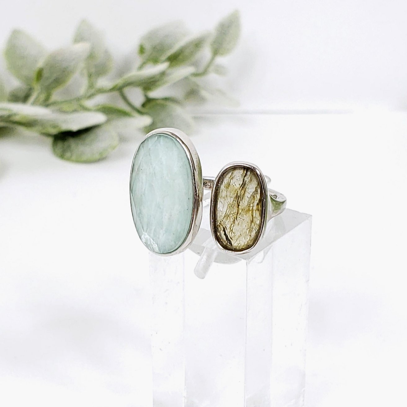 Amazonite Crystal and Labradorite Crystal Adjustable Sterling Silver Ring