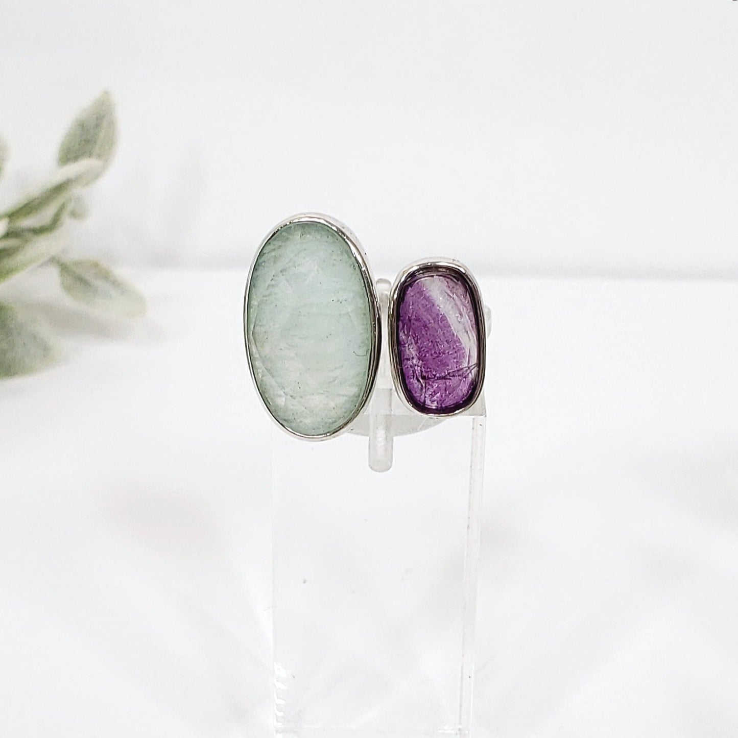 Sterling Silver adjustable Amazonite Crystal and Purple Fluorite Crystal Fashion Ring