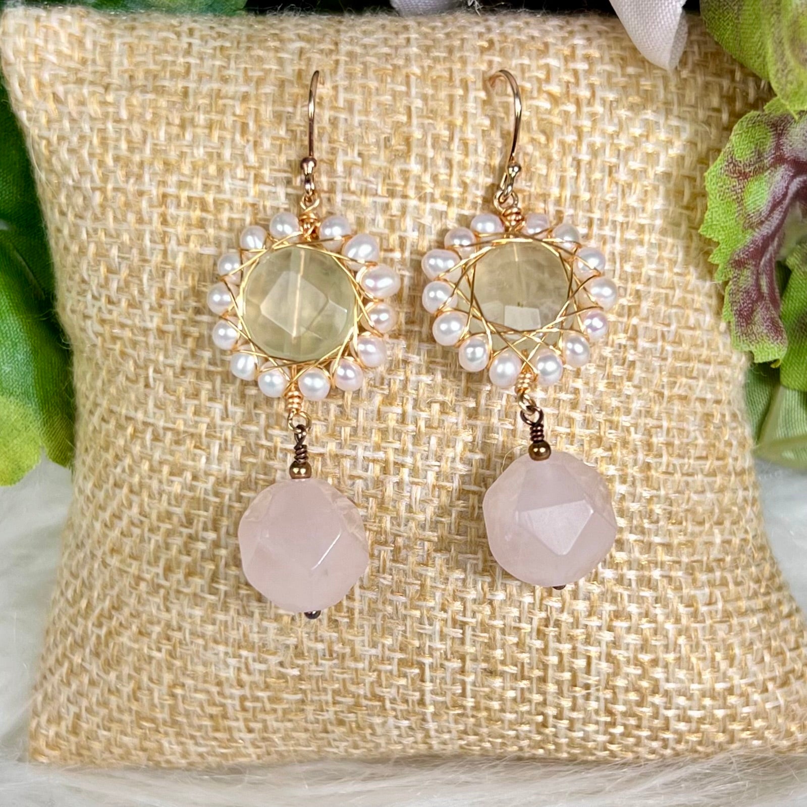 Rose Quartz, Prehnite and Fresh Water Pearl Earrings - Crystal Happenings