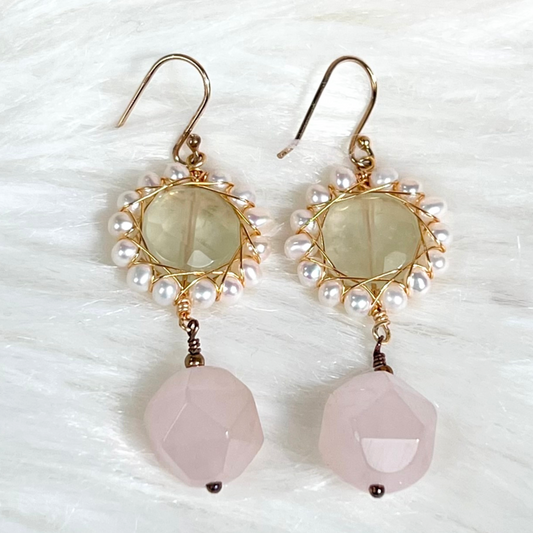 Rose Quartz, Prehnite and Fresh Water Pearl Earrings - Crystal Happenings