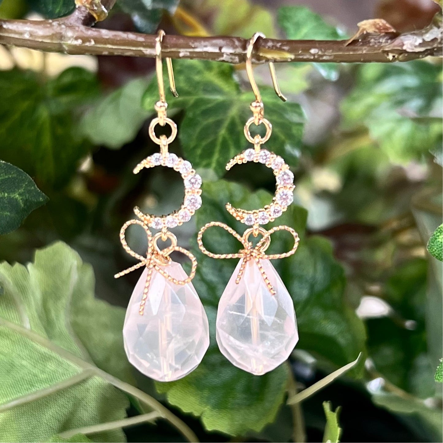 Rose Quartz Earrings with Pave Crescent Moon - Crystal Happenings