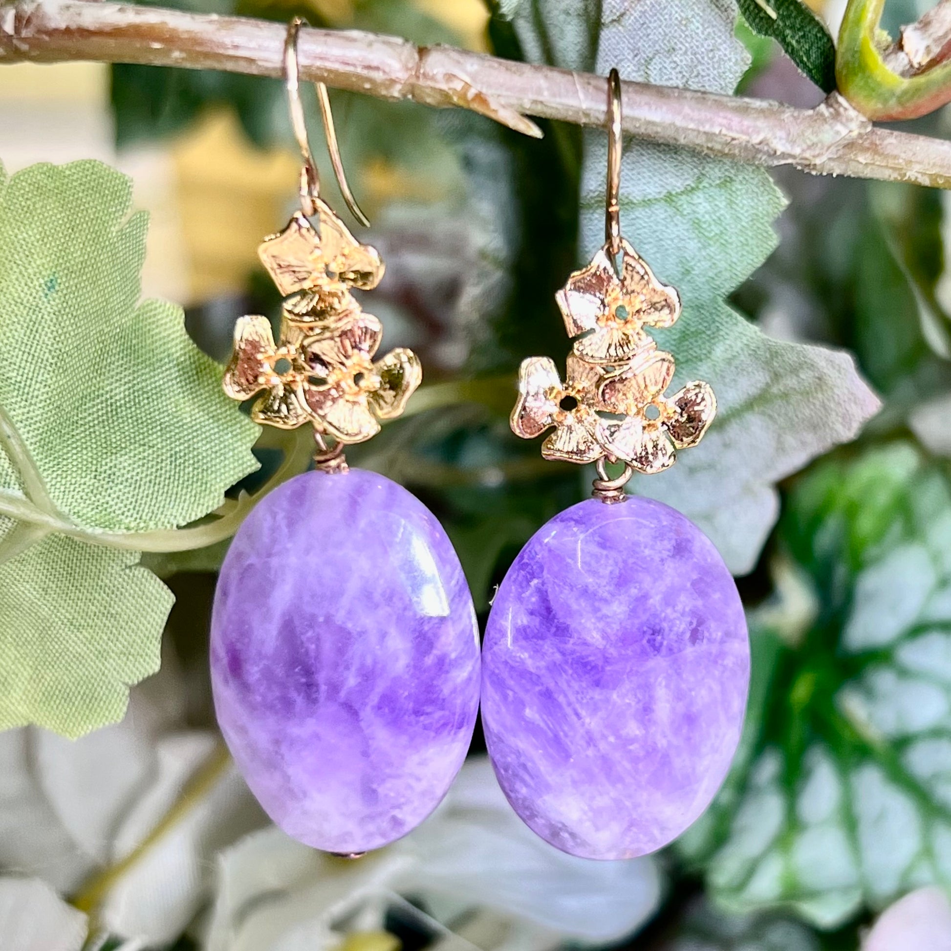 Lavender Amethyst Earrings on Floral Wire - Crystal Happenings