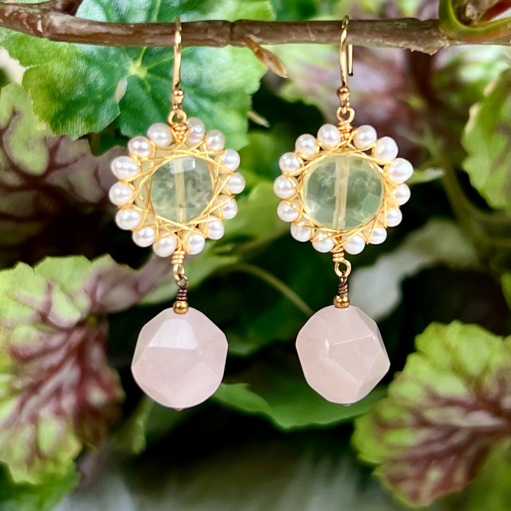 Rose Quartz, Prehnite and Fresh Water Pearl Earrings - Crystal Happenings