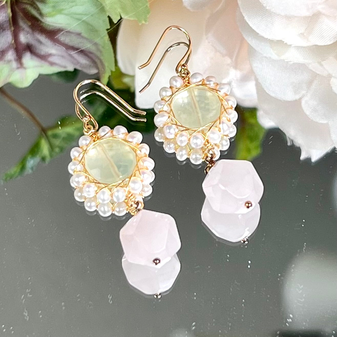 Rose Quartz, Prehnite and Fresh Water Pearl Earrings - Crystal Happenings