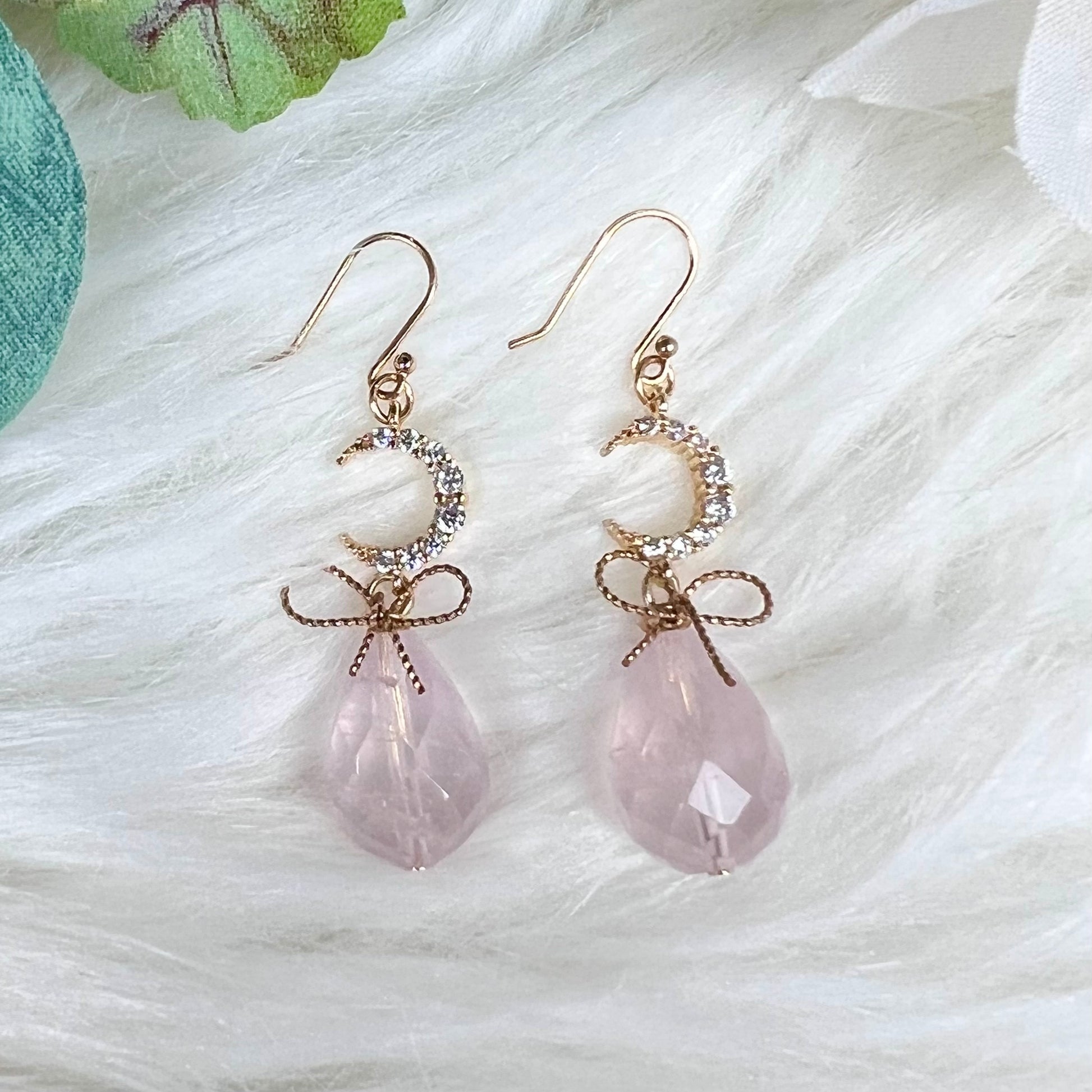 Rose Quartz Earrings with Pave Crescent Moon - Crystal Happenings
