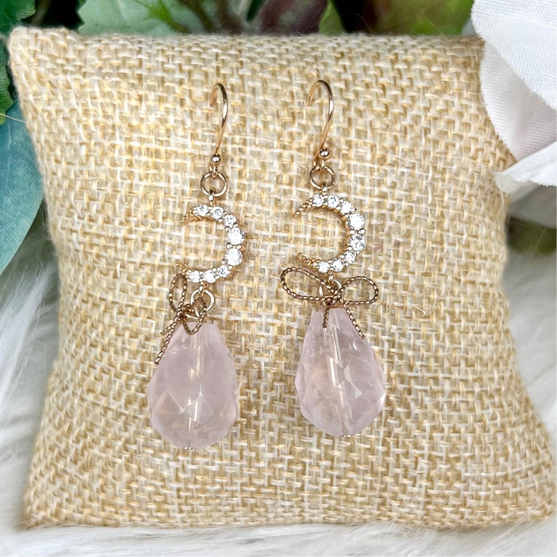 Rose Quartz Earrings with Pave Crescent Moon - Crystal Happenings