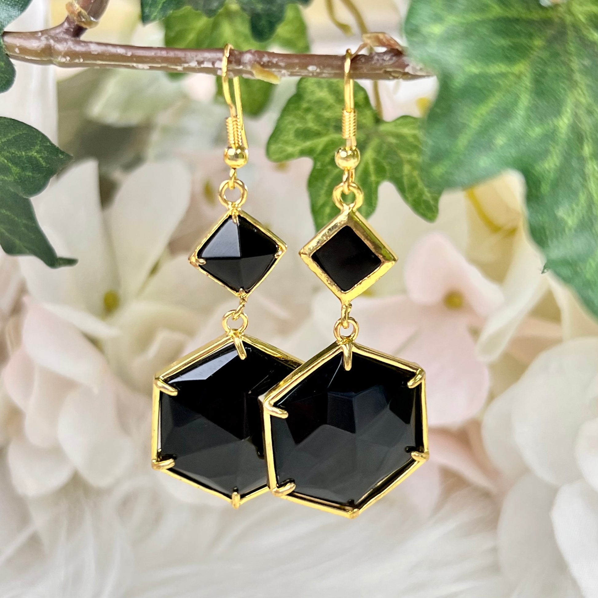 Black Agate Hexagon Earrings - Crystal Happenings