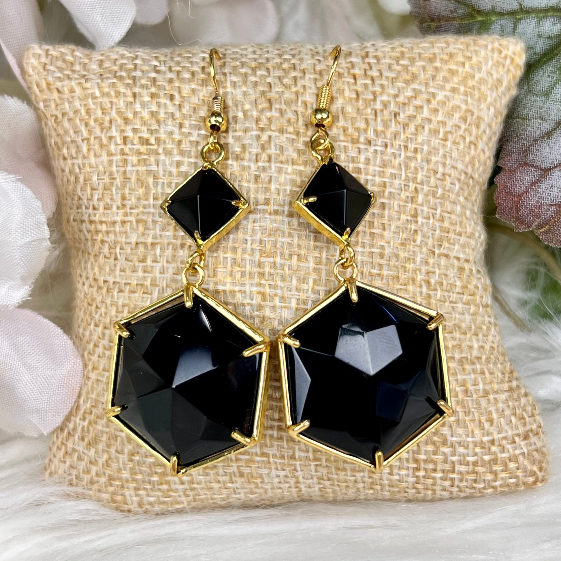 Black Agate Hexagon Earrings - Crystal Happenings