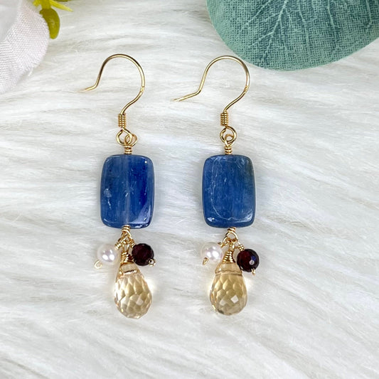 Kyanite Earrings with Citrine, Garnet and Pearl - Crystal Happenings