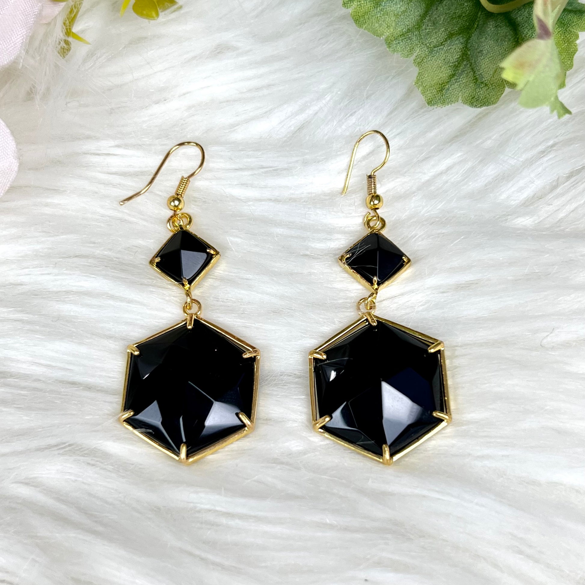 Black Agate Hexagon Earrings - Crystal Happenings